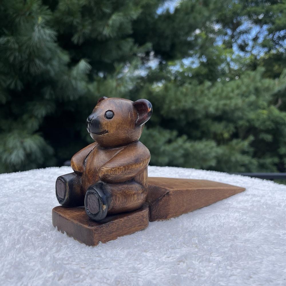 Vintage Wood Teddy Bear Doorstop Hand Carved Rustic Folk Art Door Wedge Stopper